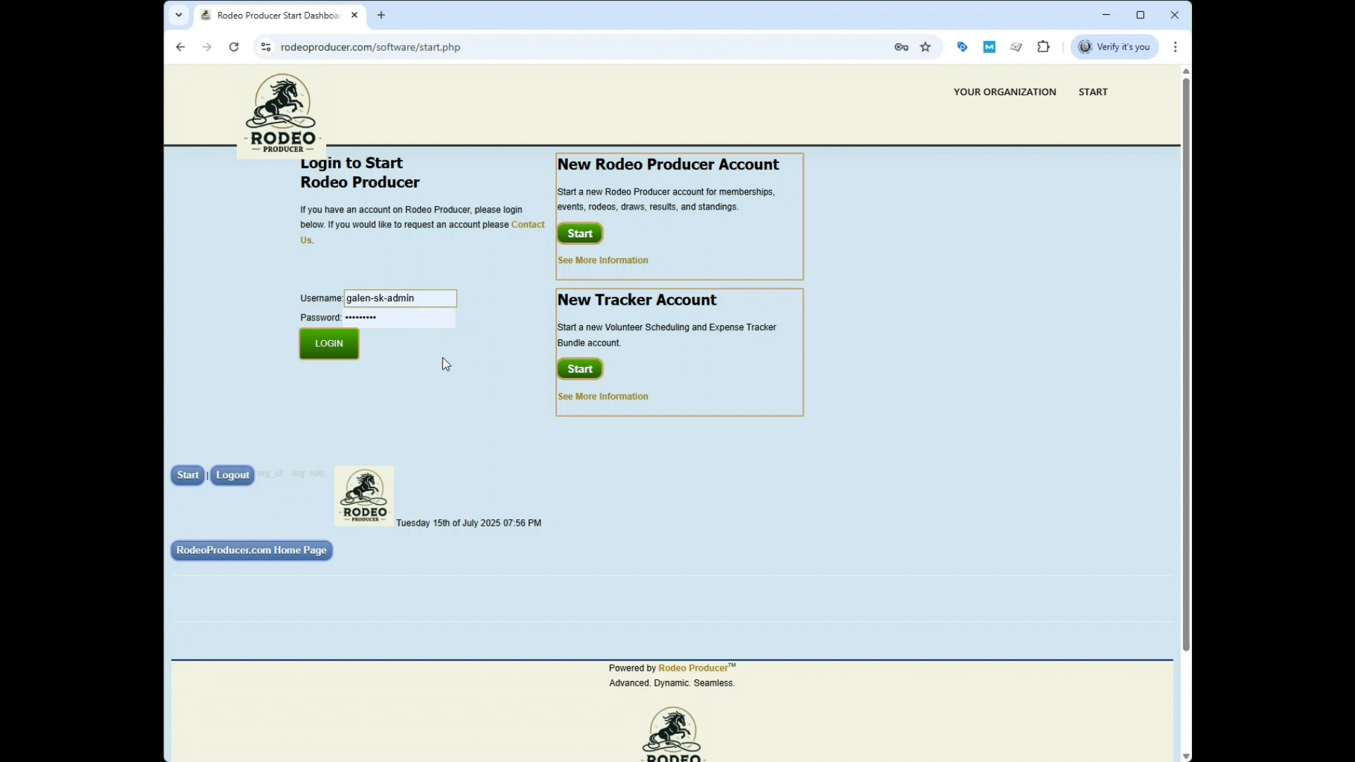 Rodeo Producer - Introduction - Start Screen Login