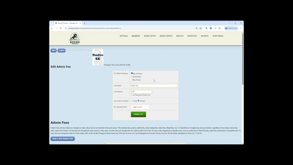 Rodeo Producer Settings Admin Fees - Per Rodeo Fees Rodeo Producer Settings Admin Fees - Per Rodeo Fees