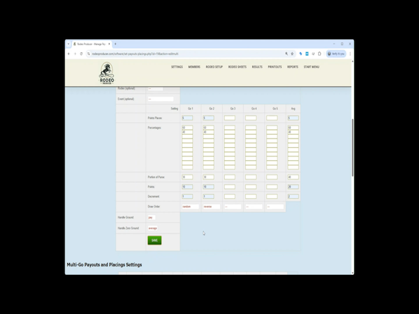 Rodeo Producer - Settings - Payouts and Placings - Multi - ground money Rodeo Producer - Settings - Payouts and Placings - Multi - ground money