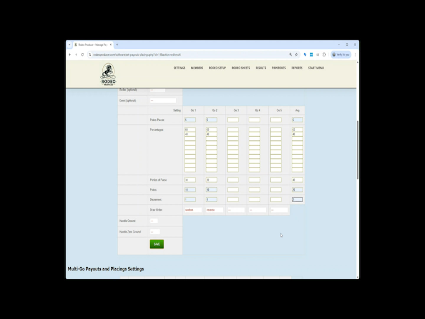Rodeo Producer - Settings - Payouts and Placings - Multi - settings Rodeo Producer - Settings - Payouts and Placings - Multi - settings