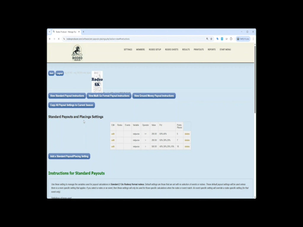 Rodeo Producer - Settings - Payouts and Placings - Standard Rodeo Producer - Settings - Payouts and Placings - Standard