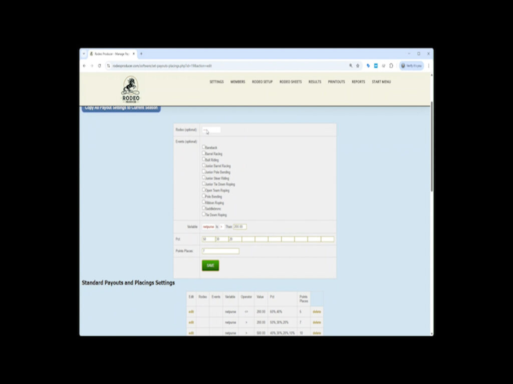 Rodeo Producer - Settings - Payouts and Placings - Standard - Edit Rodeo Producer - Settings - Payouts and Placings - Standard - Edit