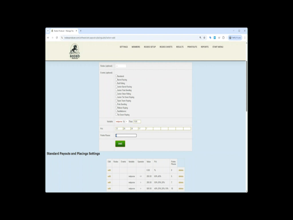 Rodeo Producer - Settings - Payouts and Placings - Standard - pay to 5 places Rodeo Producer - Settings - Payouts and Placings - Standard - pay to 5 places
