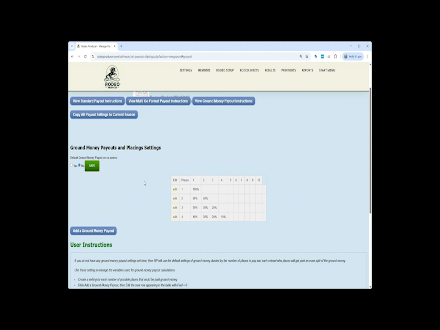 Rodeo Producer - Settings - Payouts and Placings - gound Rodeo Producer - Settings - Payouts and Placings - gound