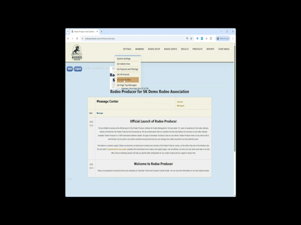 Rodeo Producer - Settings - User Profiles - selecting Rodeo Producer - Settings - User Profiles - selecting
