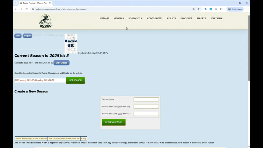 Rodeo Producer - Rodeo Setup - Set Seasons - 2025