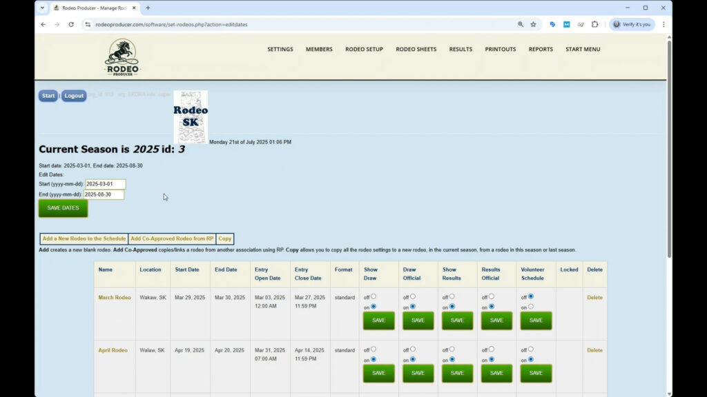 Rodeo Producer - Rodeo Setup - Set Seasons - Edit Dates