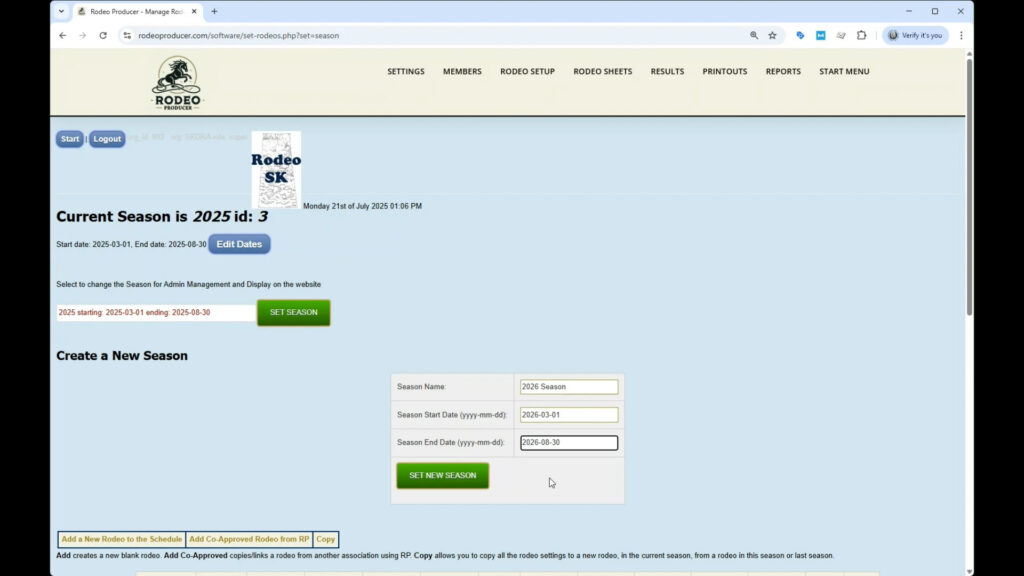 Rodeo Producer - Rodeo Setup - Set Seasons - New Season