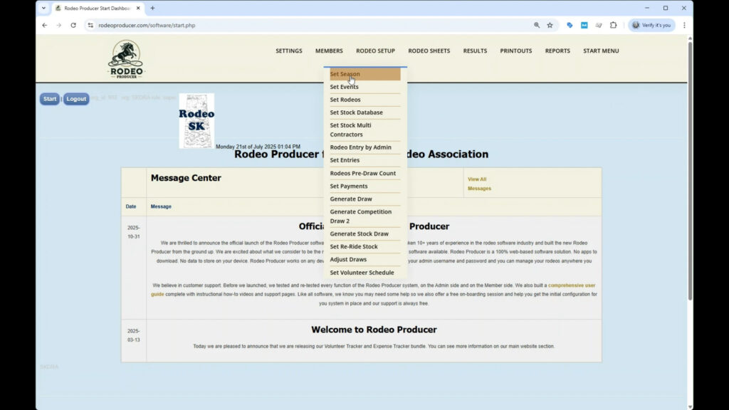 Rodeo Producer - Rodeo Setup - Set Seasons - Select