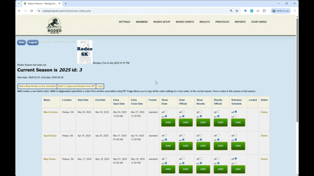 Rodeo Producer - Rodeo Setup - Set Seasons - Table