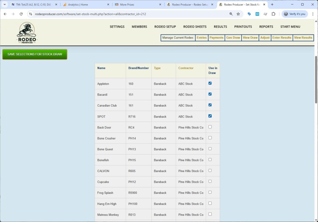 Rodeo Producer - Setup Rodeo - Set Stock for Draw - Select All ABC Rodeo Producer - Setup Rodeo - Set Stock for Draw - Select All ABC