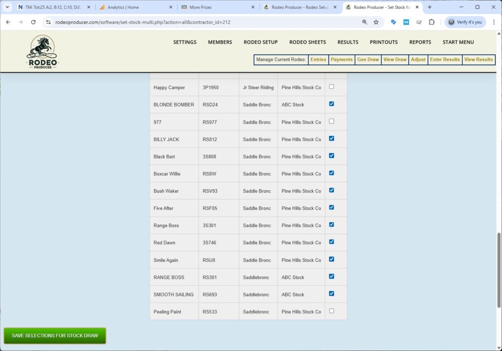Rodeo Producer - Setup Rodeo - Set Stock for Draw - Select Pine Hills Saddlebronc Rodeo Producer - Setup Rodeo - Set Stock for Draw - Select Pine Hills Saddlebronc