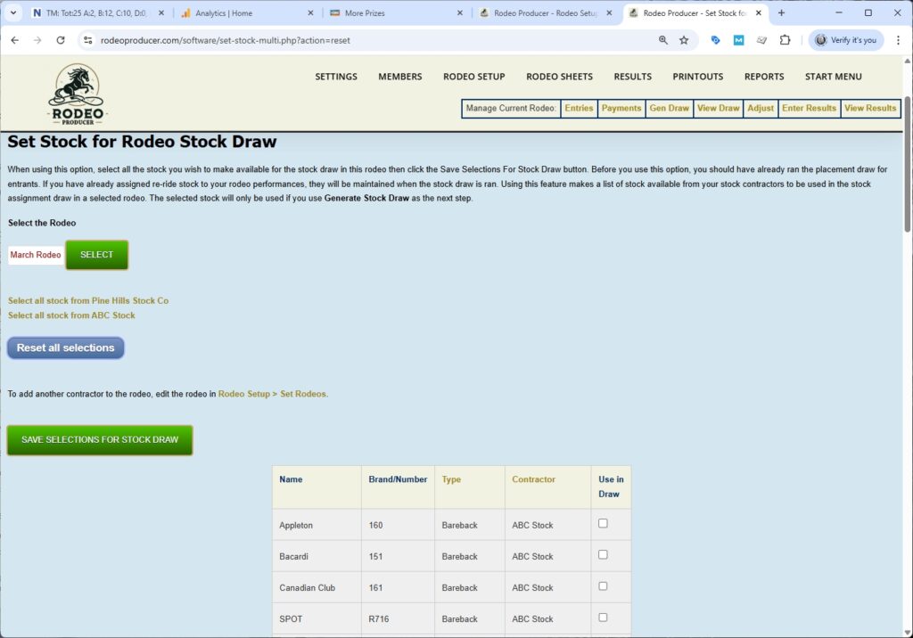 Rodeo Producer - Setup Rodeo - Set Stock for Draw - Table Rodeo Producer - Setup Rodeo - Set Stock for Draw - Table