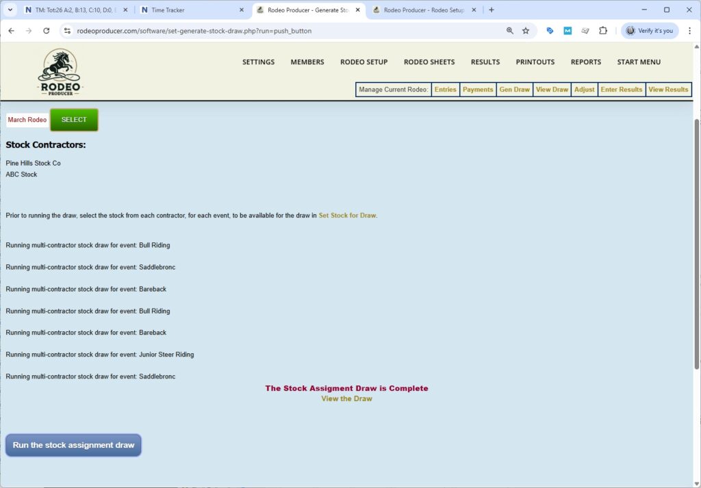 rodeo producer - rodeo setup - generate stock draw - messages