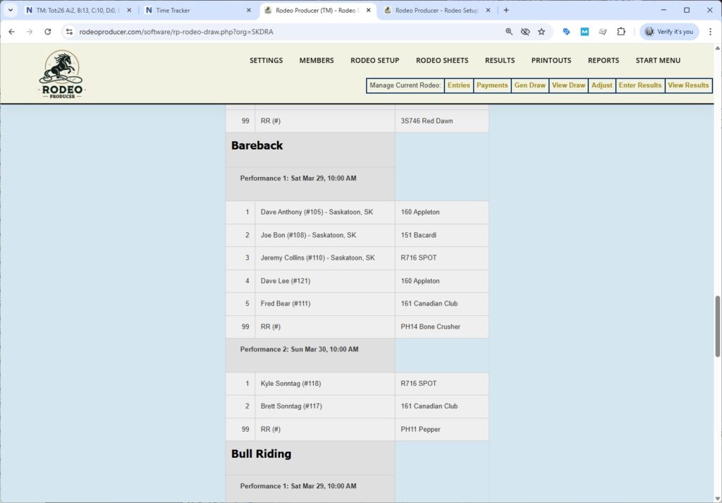 rodeo producer - rodeo setup - generate stock draw - view draw - bareback