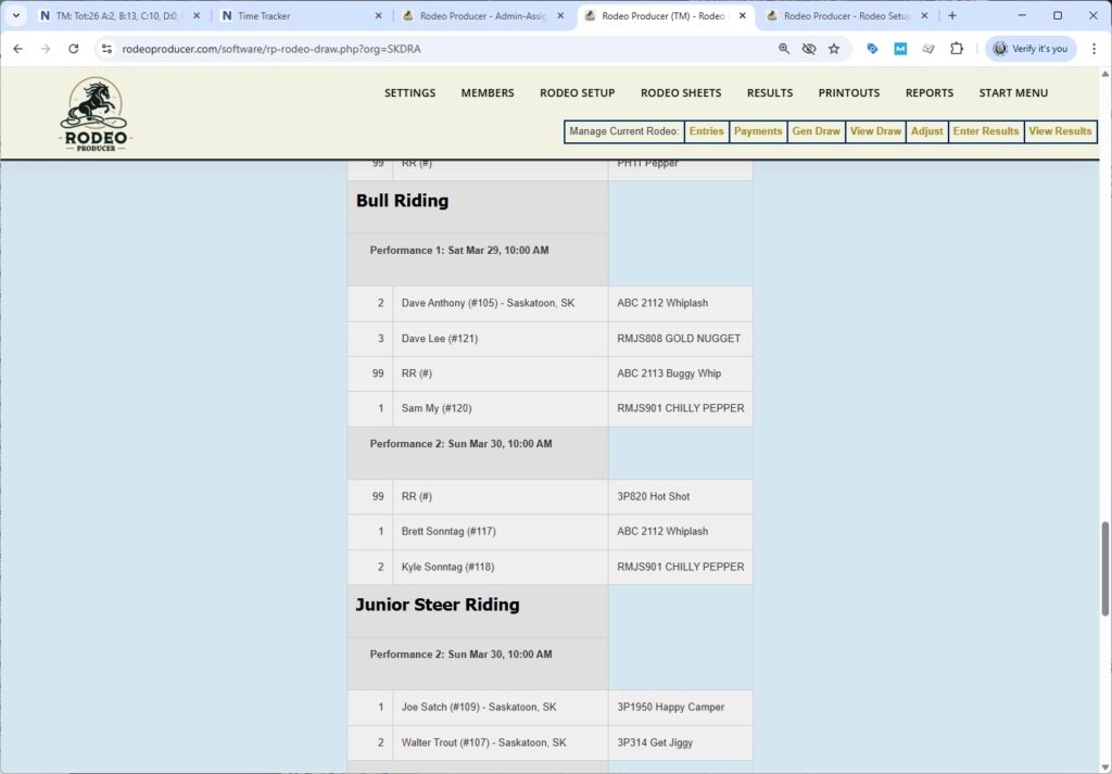 rodeo producer - rodeo setup - generate stock draw - view draw - bull riding