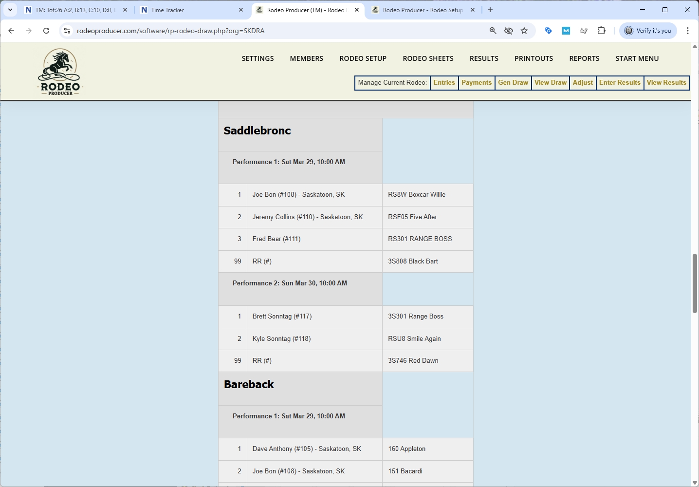 rodeo producer - rodeo setup - generate stock draw - view draw - saddlebronc