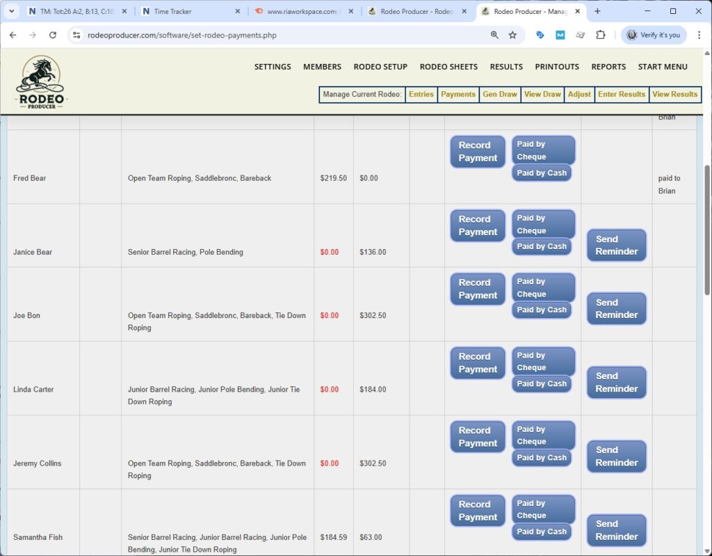 rodeo producer - rodeo setup - set payments - payment - janice bear - paid in full