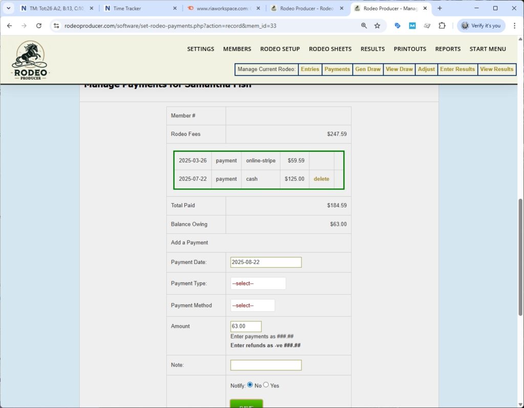 rodeo producer - rodeo setup - set payments - payment - samantha fish - detail - payments made