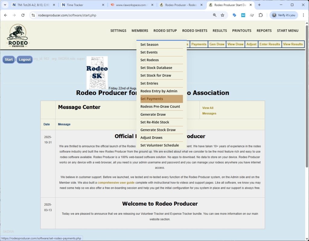 rodeo producer - rodeo setup - set payments - payment - select