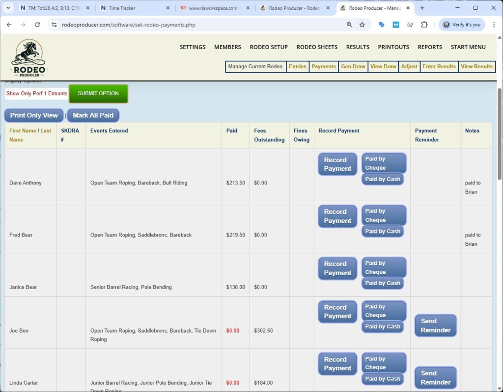 rodeo producer - rodeo setup - set payments - payment - table
