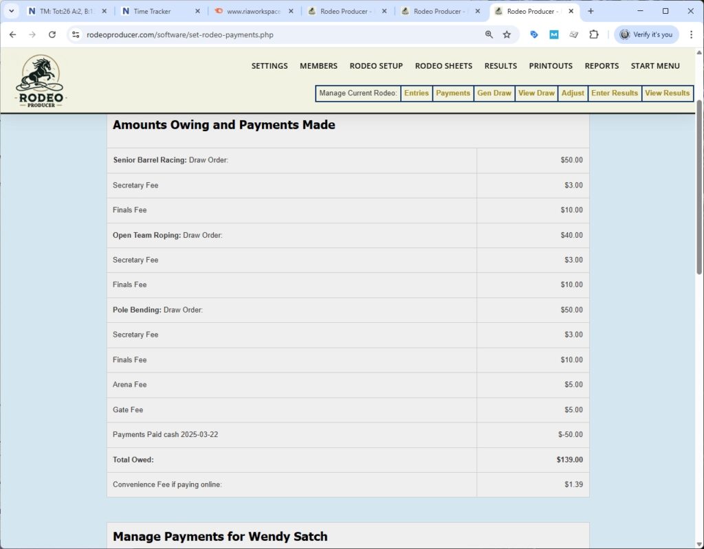 rodeo producer - rodeo setup - set payments - payment - wendy satch - detail