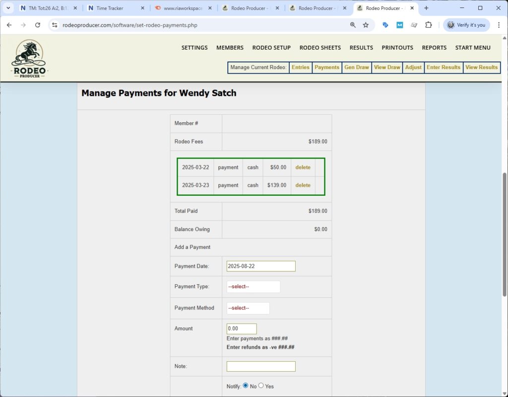 rodeo producer - rodeo setup - set payments - payment - wendy satch - detail after paid