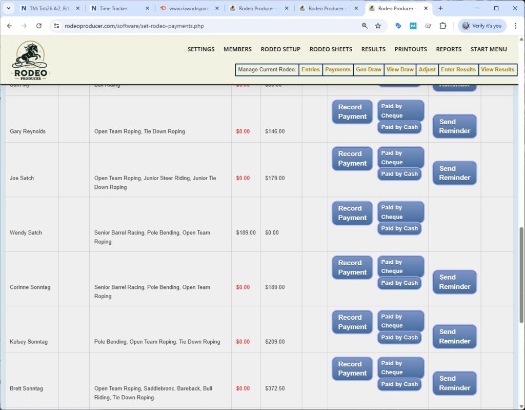 rodeo producer - rodeo setup - set payments - payment - wendy satch - list after paid