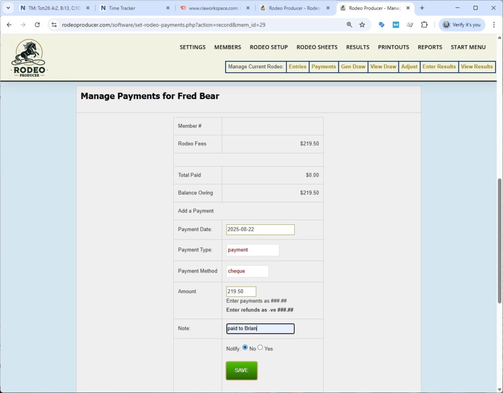 rodeo producer - rodeo setup - set payments - record payment - fred bear