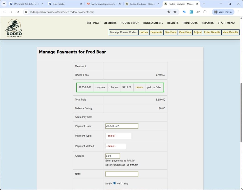 rodeo producer - rodeo setup - set payments - record payment - fred bear - paid