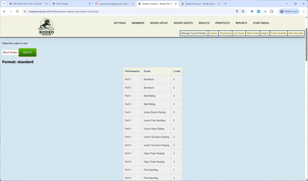 rodeo producer - rodeo setup - set pre-draw count - table