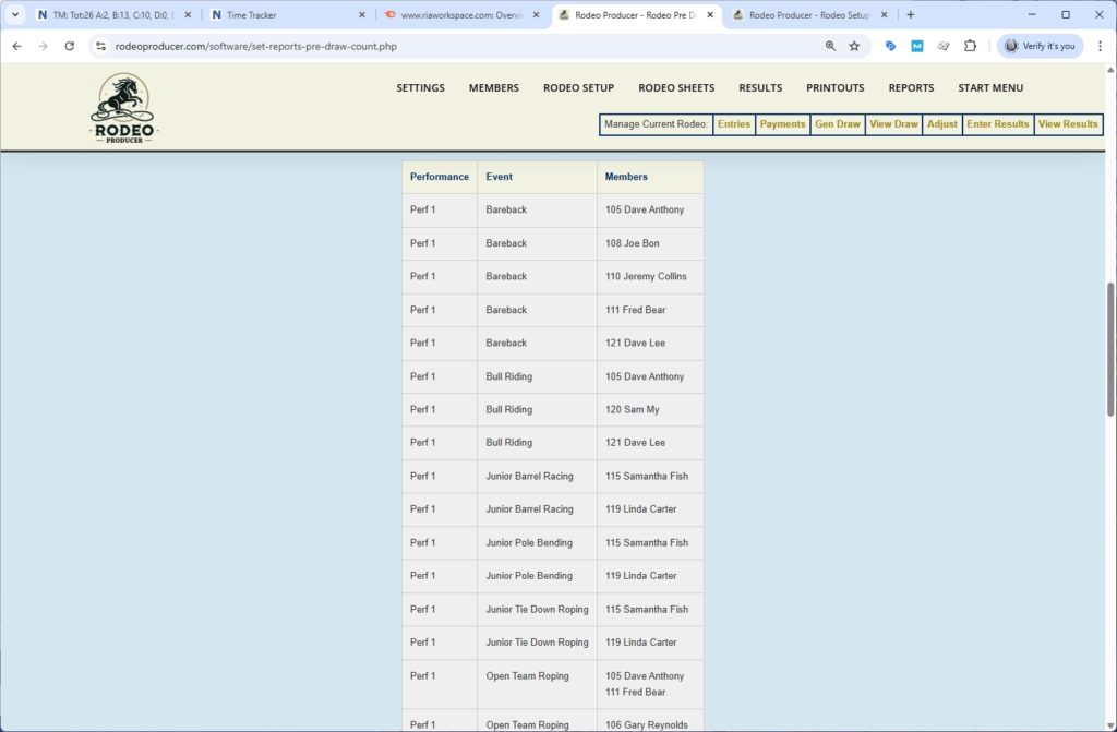 rodeo producer - rodeo setup - set pre-draw count - table of members