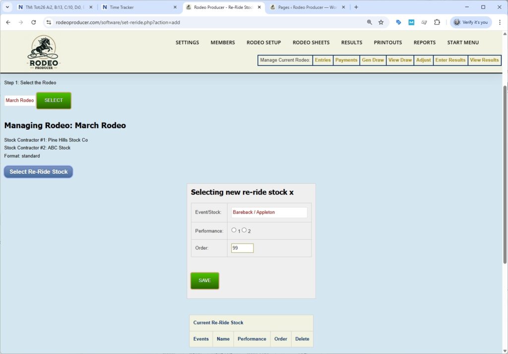 rodeo producer - rodeo setup - set re-ride stock - add
