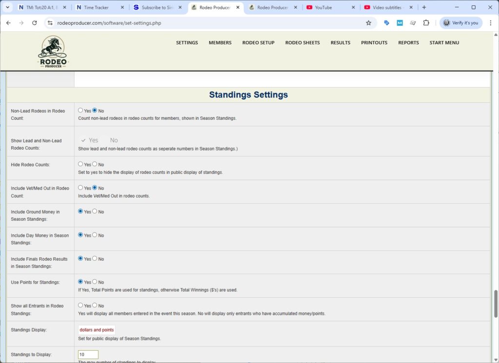 rodeo producer - advanced settings - system settings - part III - standings - 1