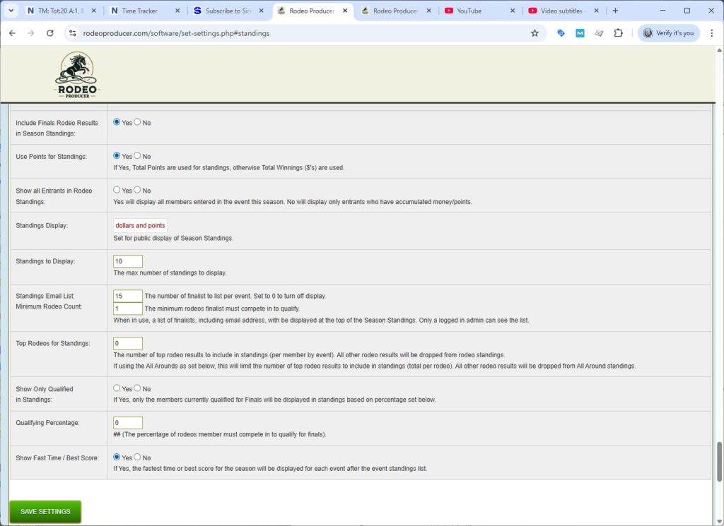 rodeo producer - advanced settings - system settings - part III - standings - 2