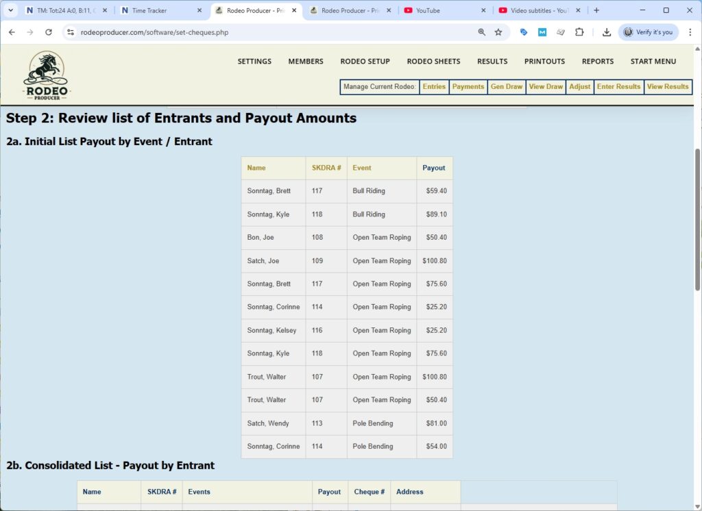 rodeo producer - printouts - cheques - by event