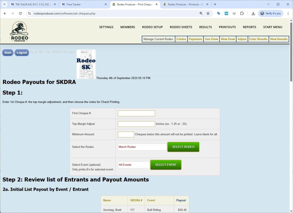 rodeo producer - printouts - cheques - options