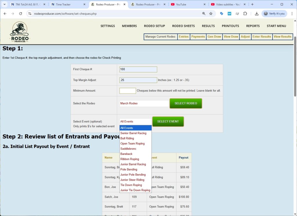 rodeo producer - printouts - cheques - options set