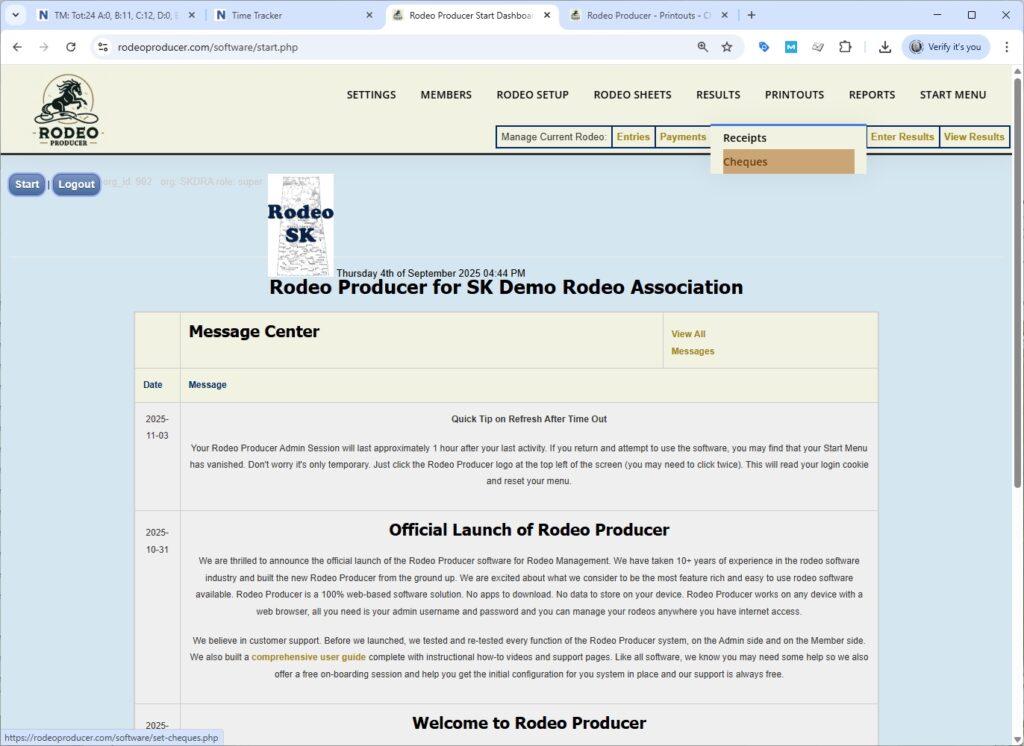 rodeo producer - printouts - cheques - select