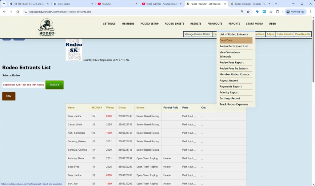 rodeo producer - reports - card data - select