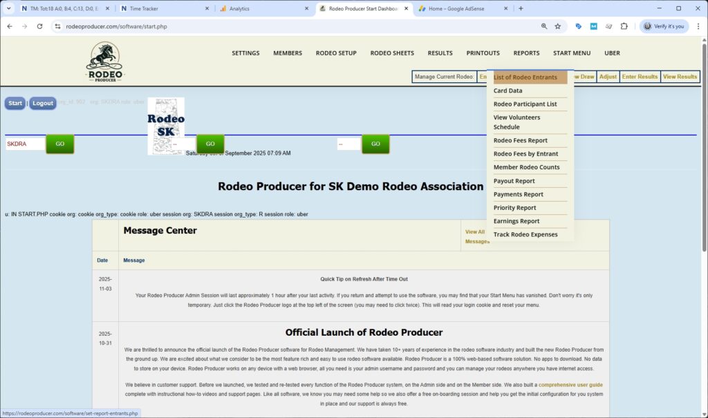 rodeo producer - reports - list of rodeo entrants - select