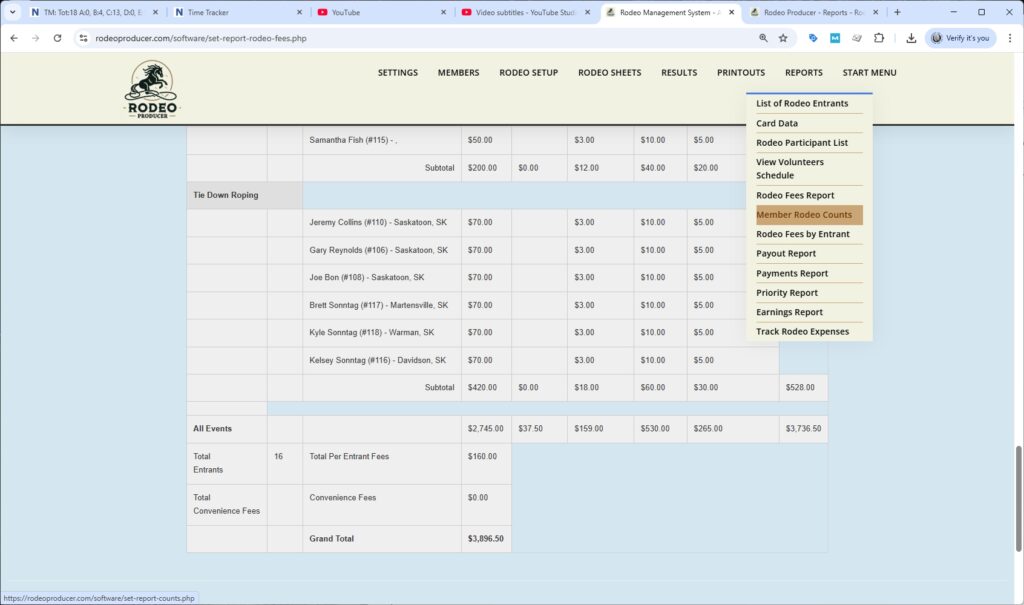 rodeo producer - reports - member rodeo counts - select