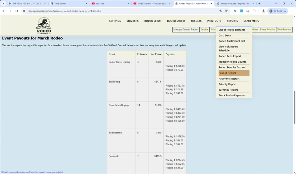rodeo producer - reports - payout report - select