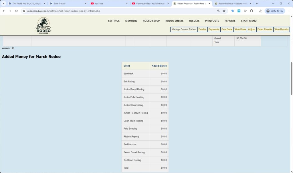 rodeo producer - reports - rodeo fees by entrant report - added money