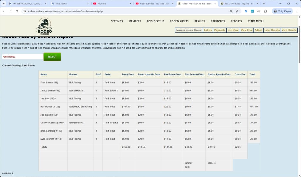 rodeo producer - reports - rodeo fees by entrant report - table