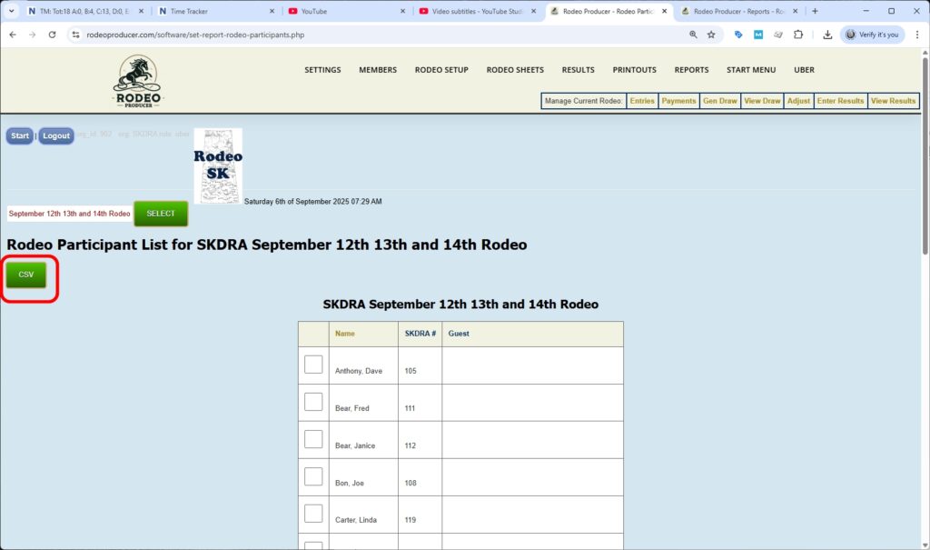rodeo producer - reports - rodeo participant list - table