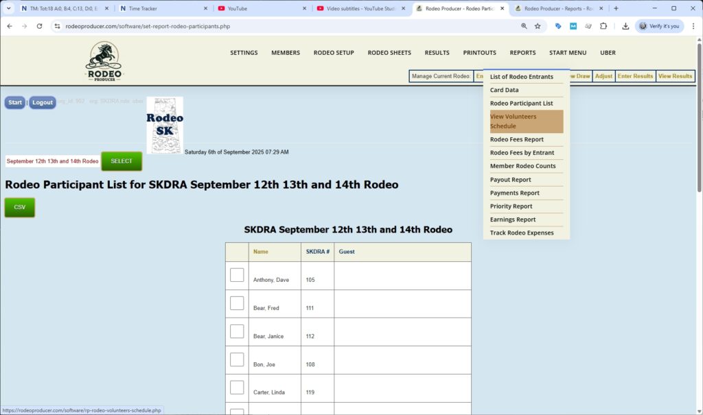 rodeo producer - reports - volunteers schedule - select