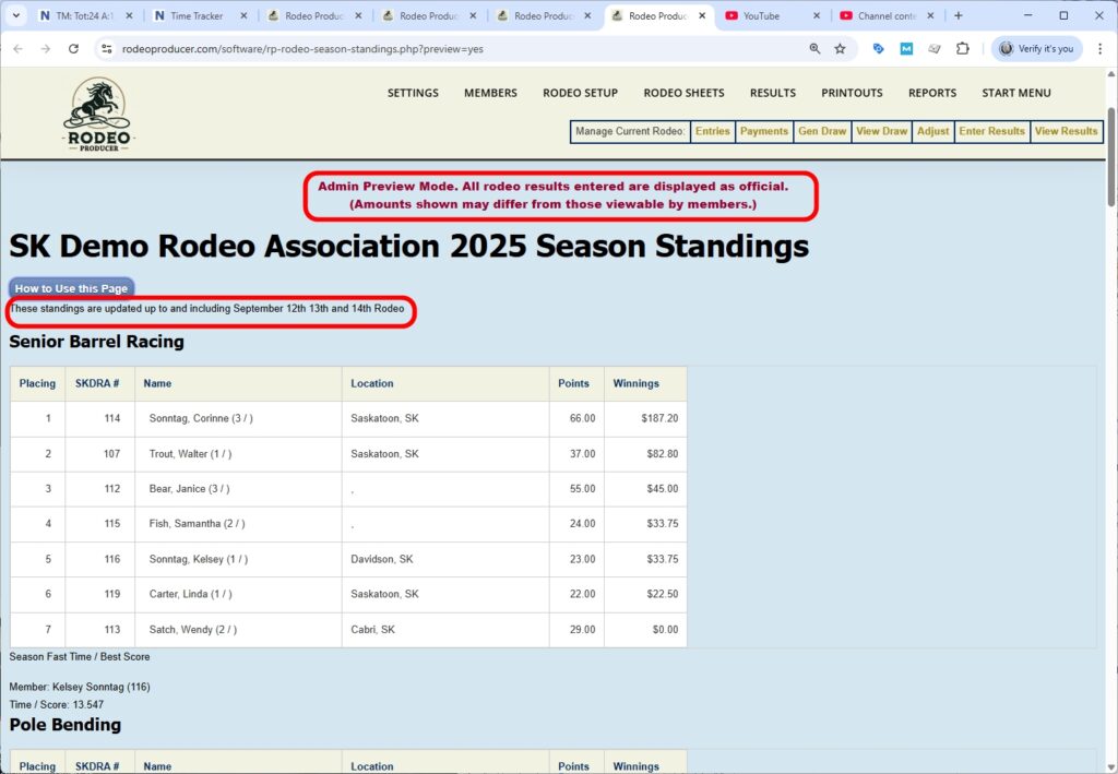 rodeo producer - results - season standings preview - table