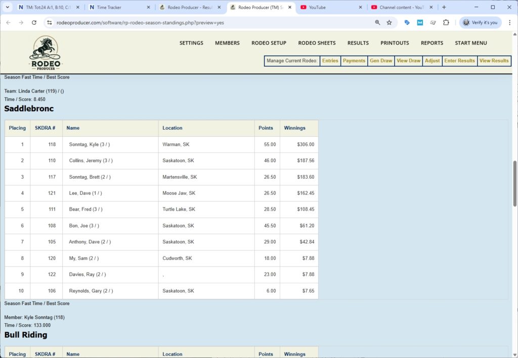 rodeo producer - results - season standings preview - table - scroll