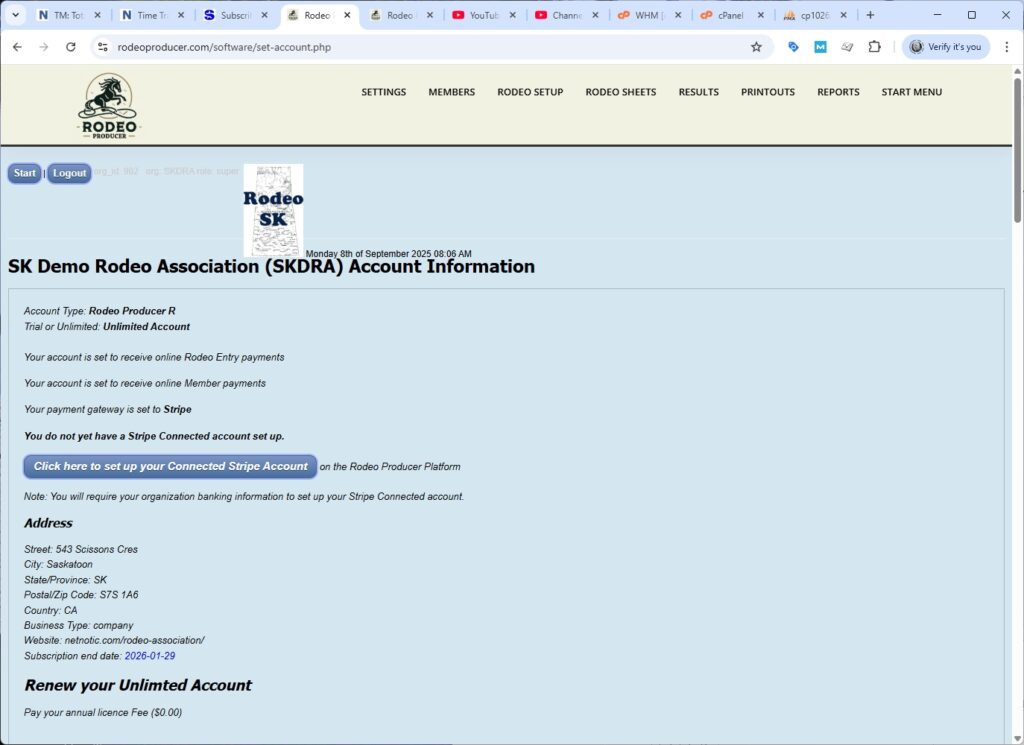 rodeo producer - start menu - your account - set up Stripe rodeo producer - start menu - your account - set up Stripe